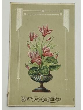 Antique Birthday Greetings Postcard Pink Cyclamen Flowers In Urn Embossed   E5